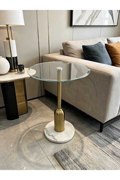 Generic Single Service Table Gold Steel and Glass Top Marble Base