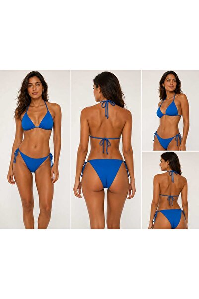 Genel Markalar Kadın Mavi İpli Astarlı Üçgen Bikini Takımı