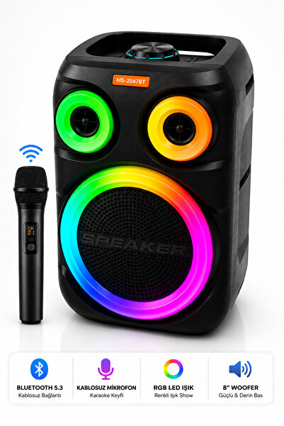 Omaze Bluetooth Hoparlör Karaoke Kablosuz Mikrofonlu 8 İnç Taşınabilir RGB Iş...