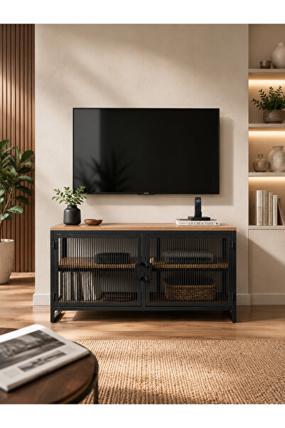 boz concept home Mıknatıslı 90cm Kapaklı Metal TV Sehpası Ahşap Raflı Mıknatı...