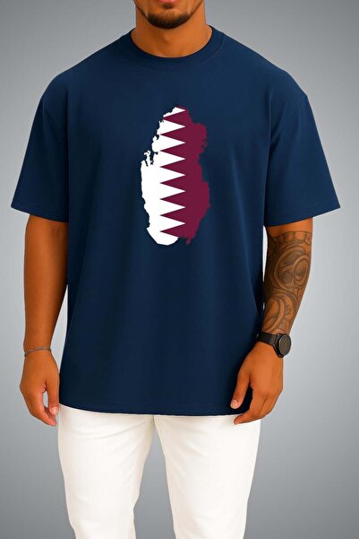 Bahriyeli Collection Oversize Qatar Flag and Map Chest Printed Unisex T-Shirt