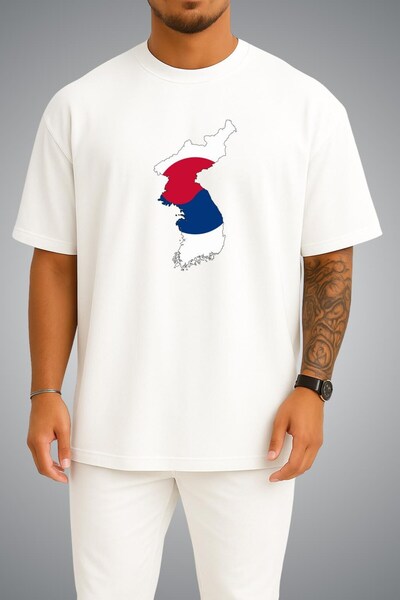 Bahriyeli Collection Oversize South Korea Flag and Map Chest Printed Unisex T...