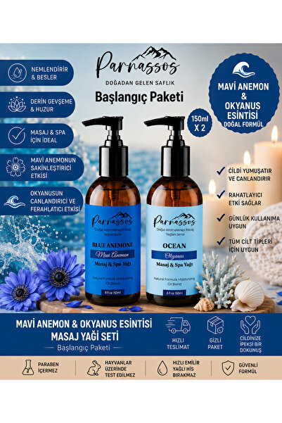 Mavi Anemon & Okyanus Esintisi Doğal Masaj Yağı Seti 150 ml + 150 ml | Aromaterapi Masaj Yağı | Nemlendirici Çiftli Set