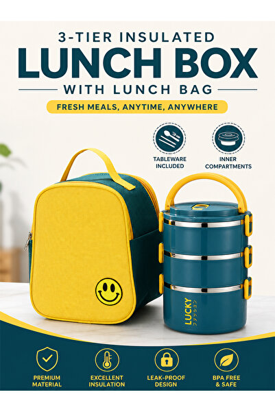 Bayt Aura 3-Tier Insulated Stainless Steel Lunch Box with Thermal Bag and Tab...