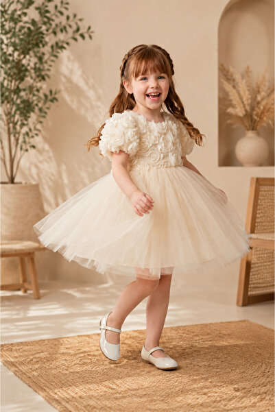 Mashotrend Girl's Fluffy Tulle Princess Dress with Floral Detail Evening Dress