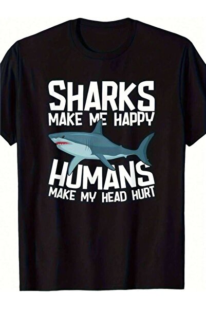 9JY تي شيرت Fun Sharks Make Me Happy Marine Biology Shark |   100% قطن، 220 ج...
