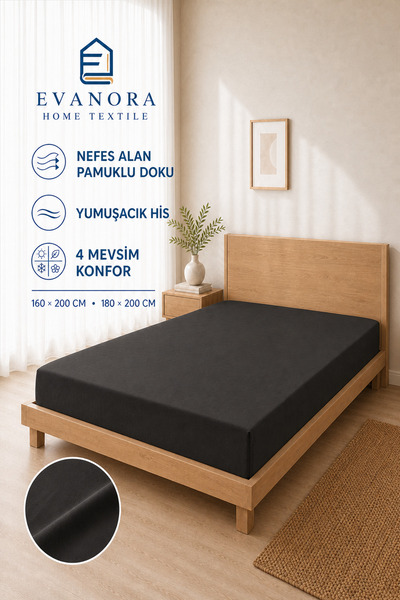 evonora Riva Series Black Double Elastic Bed Sheet 160X200 & 180X200 cm