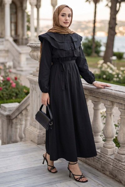 hafsamina Collar Detailed Elastic Waist Belted Dress Black Hm2946
