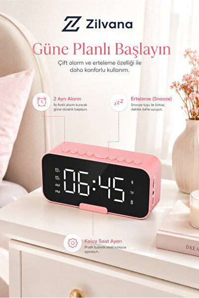 Zilvana Pembe Bluetooth 5.0 Aynalı Masa Saati ve Hoparlör – 2 Alarm, Erteleme...