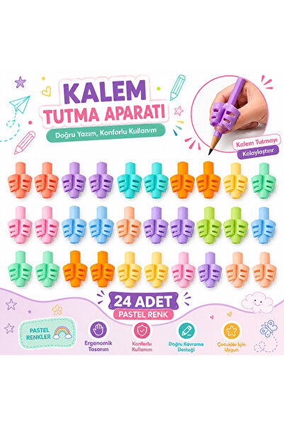 DANACI KIRTASİYE Pastel Renk Kalem Tutma Aparatı 24 Adet Ergonomik Silikon Ka...