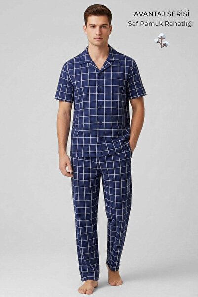 Aytuğ&Mısırlı Egyptian Men's Cotton Plaid Shirt Pajama Set Navy Blue