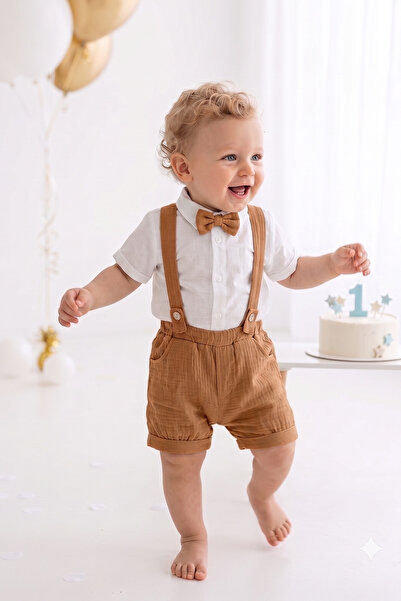 ALYRA Baby Boy Muslin 3-Piece Set Bow Tie Suspender Shirt Shorts Pants 100% C...