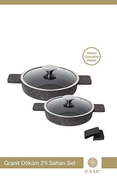 Esse Granit Döküm Sahan Cam Kapaklı Siyah 16 CM 20 CM