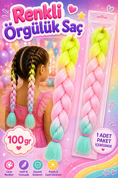 Rhea Company Premium Sarı-Pembe-Su Yeşili Ombreli Örgülük Saç (100gr)