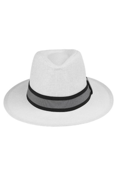 CATIANO Pălărie Panama albă unisex cu bandă cu dungi albastre