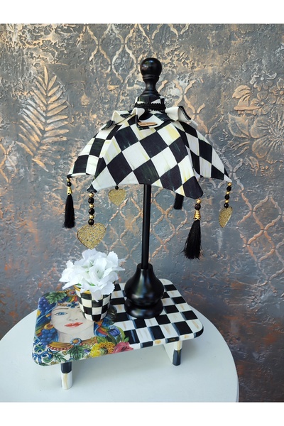 Nevena handmade Dama desen Bali şemsiyesi mat siyah ayaklı