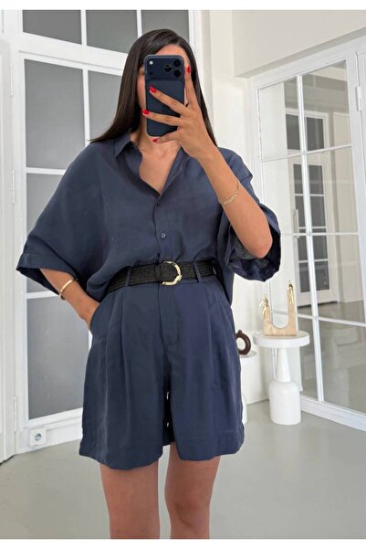 MAESTRO WOMAN Women's Navy Blue Oversize Shirt Belted Shorts Tencel Set