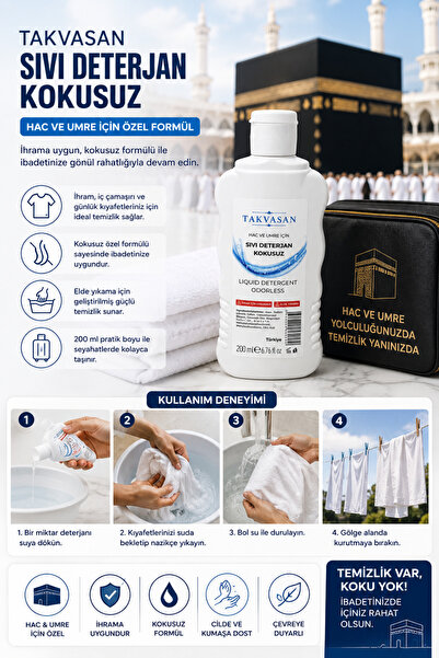 Takvasan Hac ve Umre İçin Sıvı Deterjan 200 ml Parfümsüz ve Kokusuz Temizlik