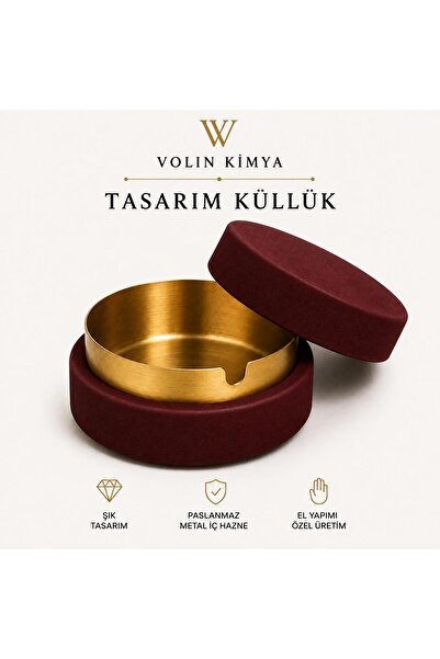 VOLIN Beton Kapaklı Paslanmaz Çelik Kül Tablası Bordo Renk Koku Yapmaz