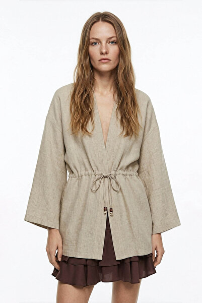 Quzu Beige Women's Jacket with Drawstring Detail Ckt02066