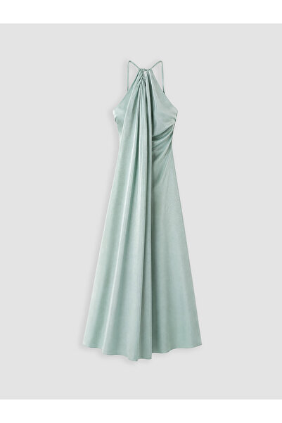 LC Waikiki Trendlucky Halter Neck Patterned Satin Evening Dress with a Differ...