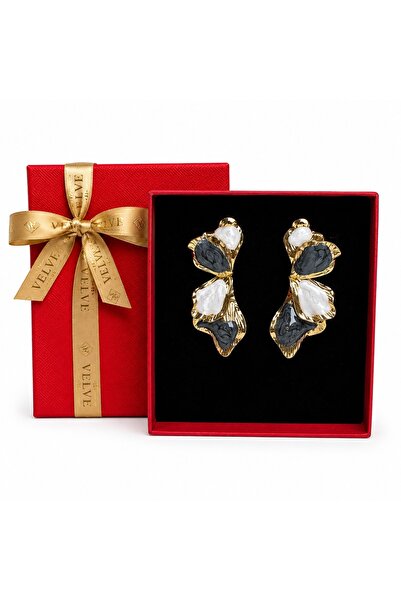velve Cercei eleganti statement Elara, model petale, auriu cu alb cu negru, i...