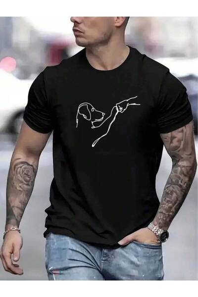 LİNA06 Men's Women's% Cotton-Shirt Black White Paw Print Short Sleeve Crew Ne...