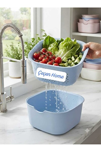 ÇEÇEN HOME (24X24 cm)Double Layer Colander Bowl Set Pink - Fruit and Vegetabl...