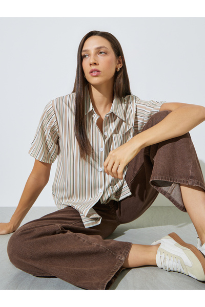 Styli Beige Striped Longline Short Sleeve Shirt