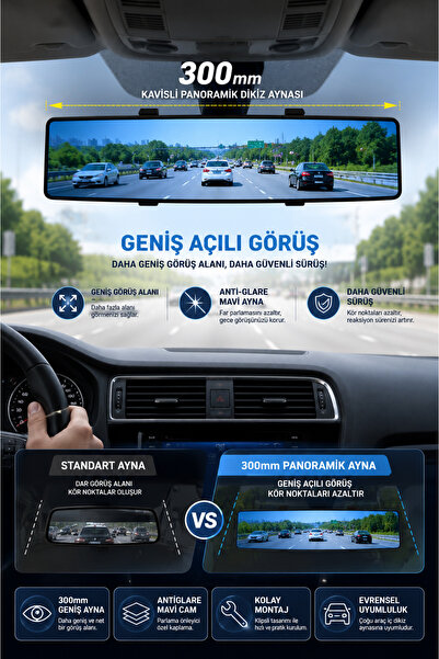 Binbirreyon Dikiz Aynası Parlama Önleyicili Oval Geniş Görüş Açılı 300mm Klip...
