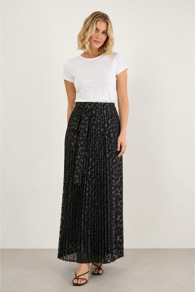 bihan store Women's Belt Detailed Pleated Chiffon Maxi Skirt 3883-Black