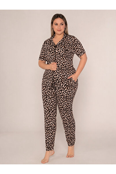 SOFT AURA Large Size Leopard Print Front Buttoned 100% Cotton Women's Sleepwe...