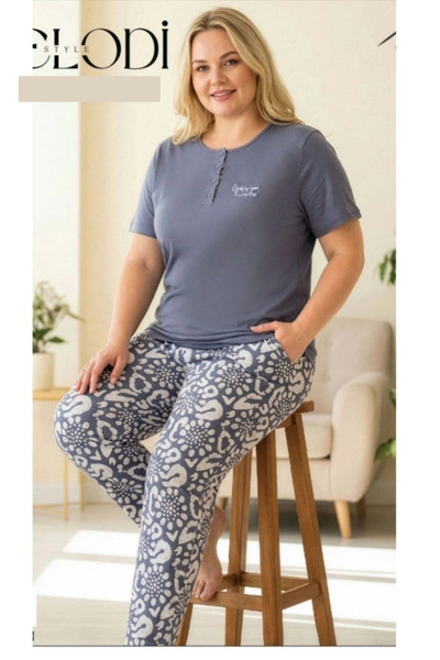 SOFT AURA Large Size Gray Four-Button 100% Cotton Women's Pajama Set