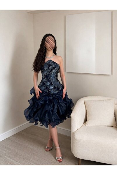 MILANORA Luxury Embroidery Short Navy Blue Evening Dress