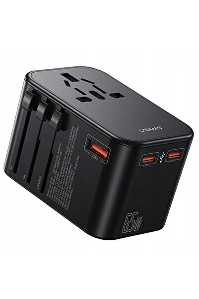 Usams 1xUSB+2xUSB-C T62 65W 4 în 1 US/AU/EU/UK Adaptor de alimentare negru