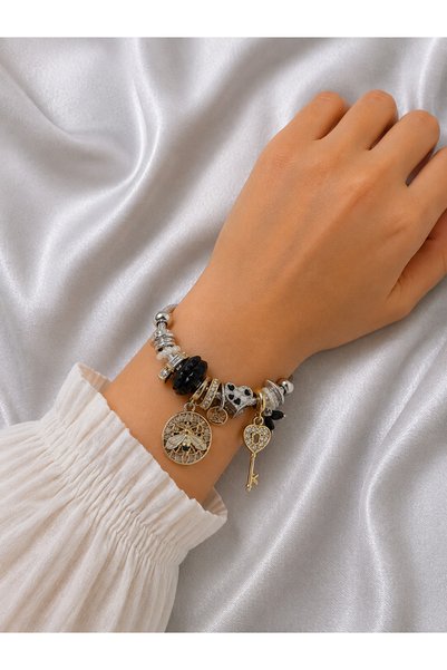 Bymiel Women's Charm Detailed Key and Bee Figured Silver Color Stainless Stee...
