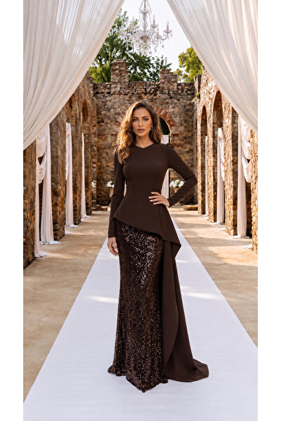 Hennin Mobile Crepe Blouse Detailed Sequin Embroidered Skirt Two-Piece Evenin...