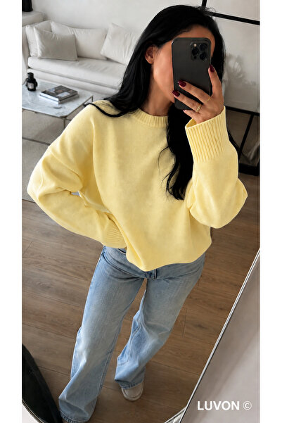 LUVON Yellow Crew Neck Oversized Knitwear Women's Sweater