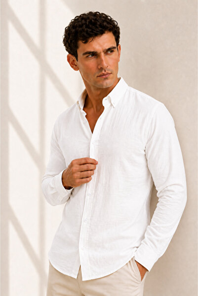viyamen Men's Long Sleeve Buttoned Collar Textured Slim Fit Shirt