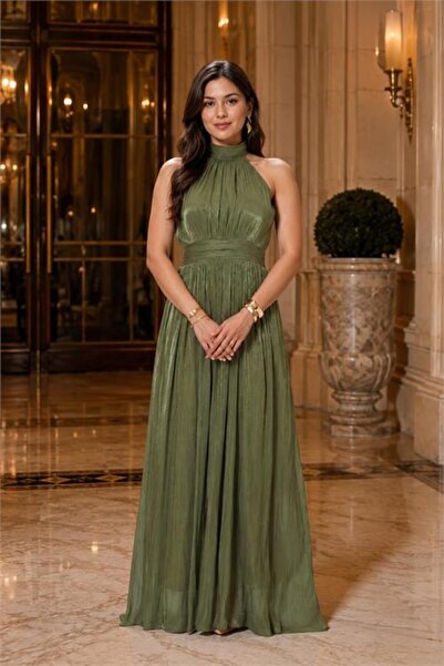 Neşeli Butik kadın olive yeşil halter yaka janjan kumaş premium abiye elbise NBMY4128