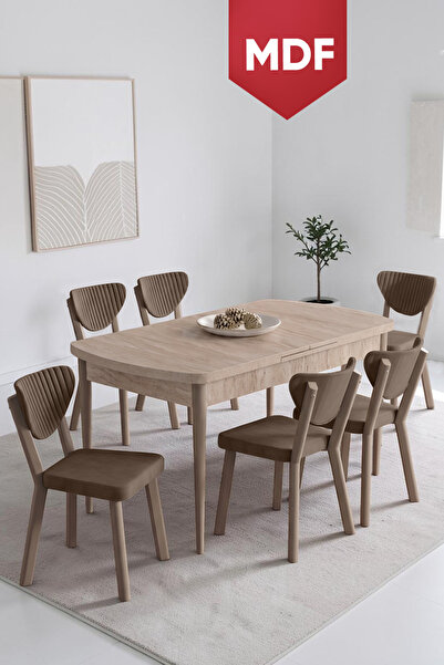 Canisa Exve Serisi 80x132 MDF Açılabilir Traverten Takımı ve 6 Kahverengi San...