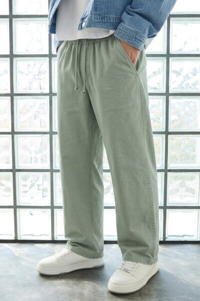 DAMGA JEANS بنطلون رجالي كاجوال من الكتان باللون الأخضر
