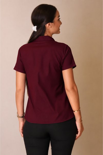 SWEETNESS Kadın Koyu Bordo Likralı Kısa Kol Pamuklu Klasik Gömlek