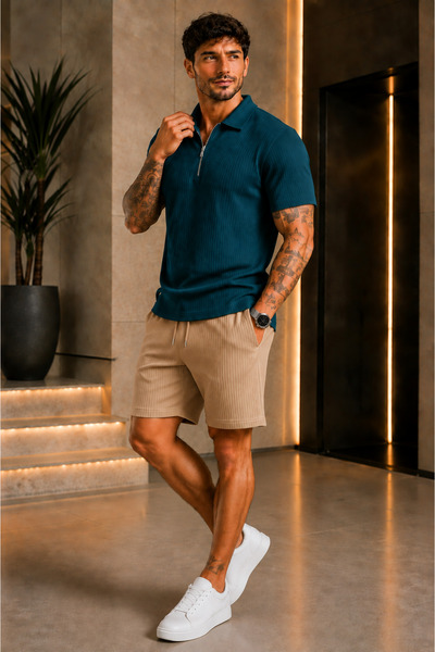 FECCY Premium tkanina od twill materijala, unisex set majice i šortsa sa deta...