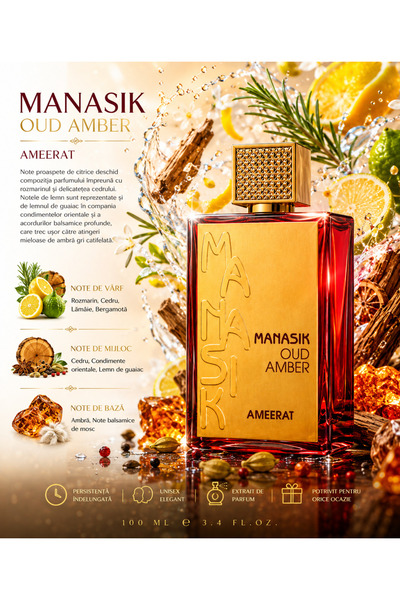MANASIK Parfum Arabesc Oud Amber AMEERAT 100 ml, Unisex, Luxury, Persistent, ...