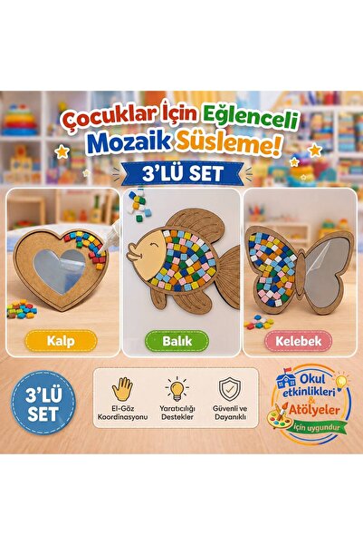 BEBİSBOOK Ahşap Kelebek,Balık,Kalp Ayna Mozaik Süsleme Seti – Çocuklar İçin E...