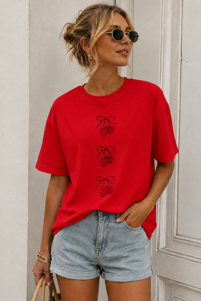 ArtYus Cherry Printed Crew Neck Casual Unisex Oversize T-Shirt - Fruit-Themed...