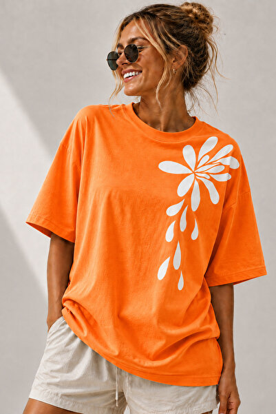 ArtYus Minimal Floral Printed Crew Neck Casual Unisex Oversize T-Shirt - Flor...