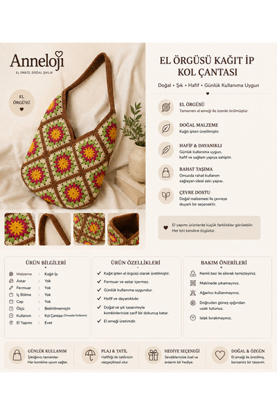 El Örgüsü Kağıt İp Kadın Kol Çantası Granny Square Desenli