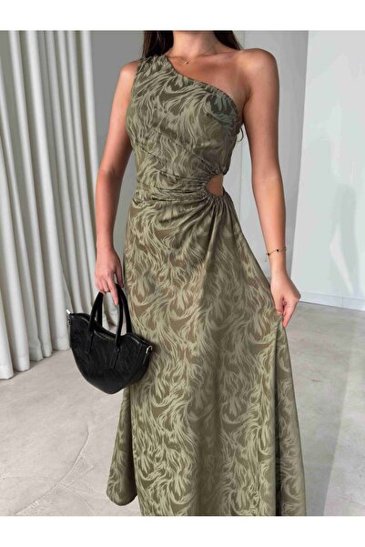 zoezoe Kendinden Desenli Tek Omuz Drape Detaylı Maxi Elbise